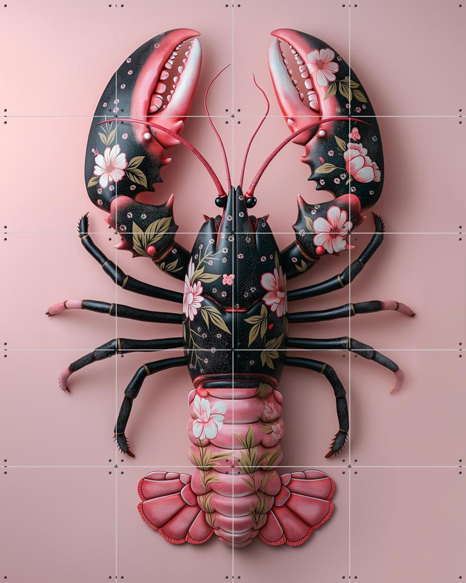 IXXI Pink Black Flower Lobster, OTTI - 80 x 100 cm - Gratis ophangtool - Grote wanddecoratie en posters - Gemengde Technieken, Surrealisme, Woonkamer