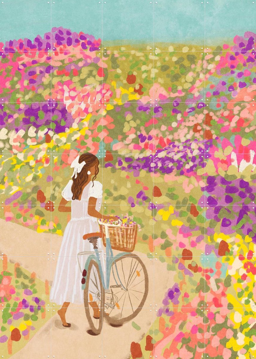 IXXI Cycling through the Flower Meadows, Raissa Oltmanns - 100 x 140 cm - Gratis ophangtool - Grote wanddecoratie en posters - Kleurrijk