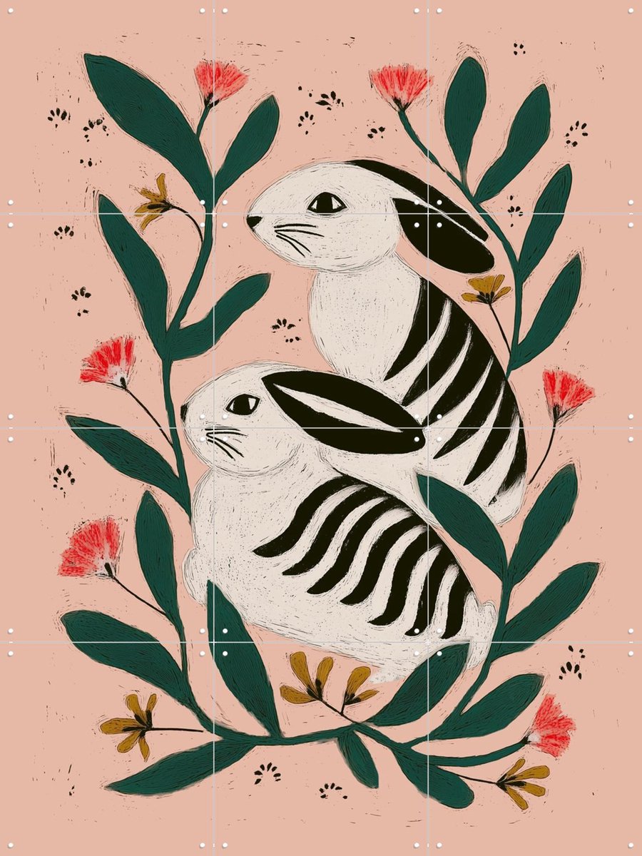 IXXI Hares Among Flowers, Branka Kodžoman - 60 x 80 cm - Gratis ophangtool - Grote wanddecoratie en posters - Illustraties, Speels, Kleurrijk