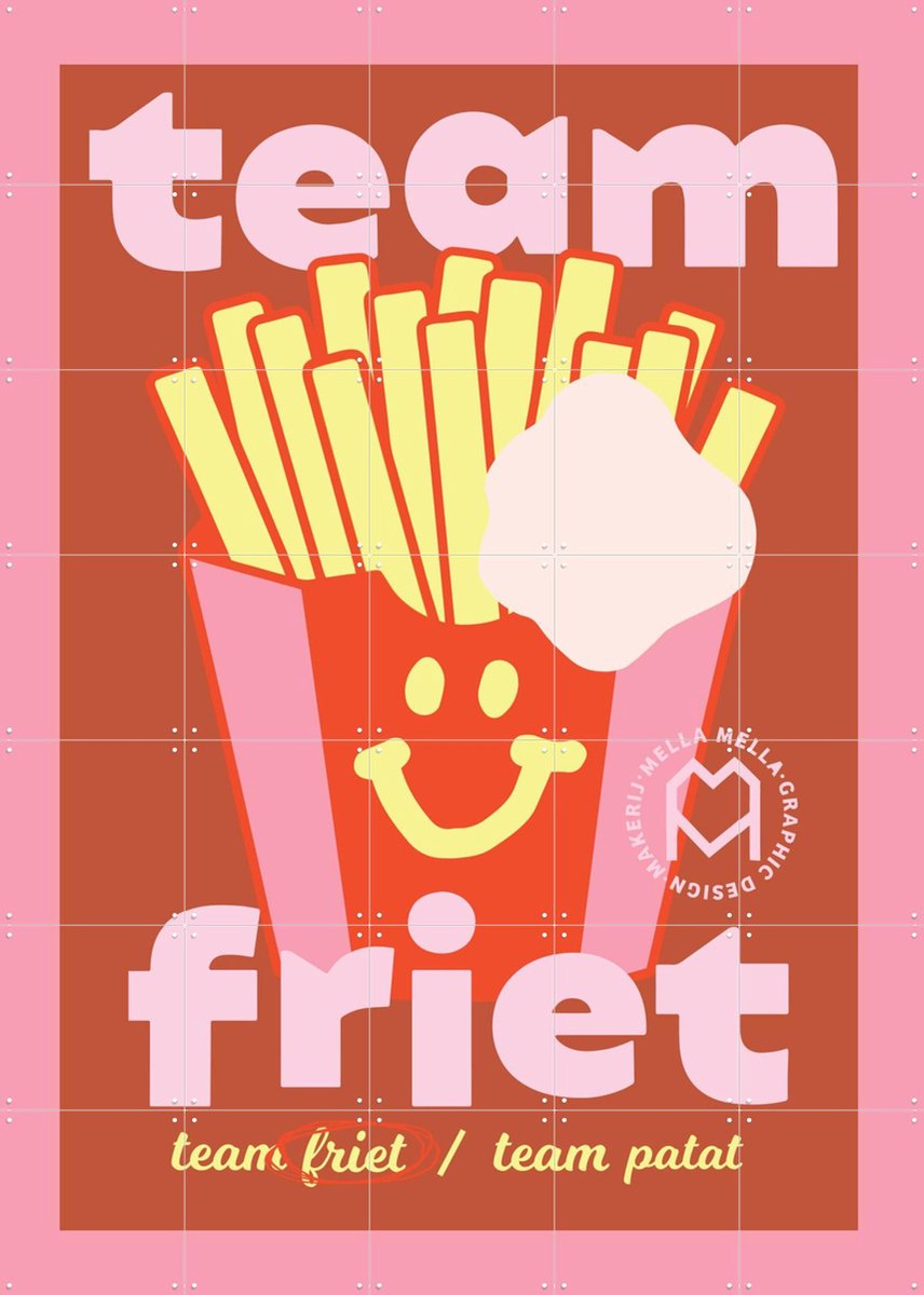 IXXI Team Friet, Mella Mella - 100 x 140 cm - Gratis ophangtool - Grote wanddecoratie en posters - Cartoonesk, Digitale Kunst, Kleurrijk, Typografie