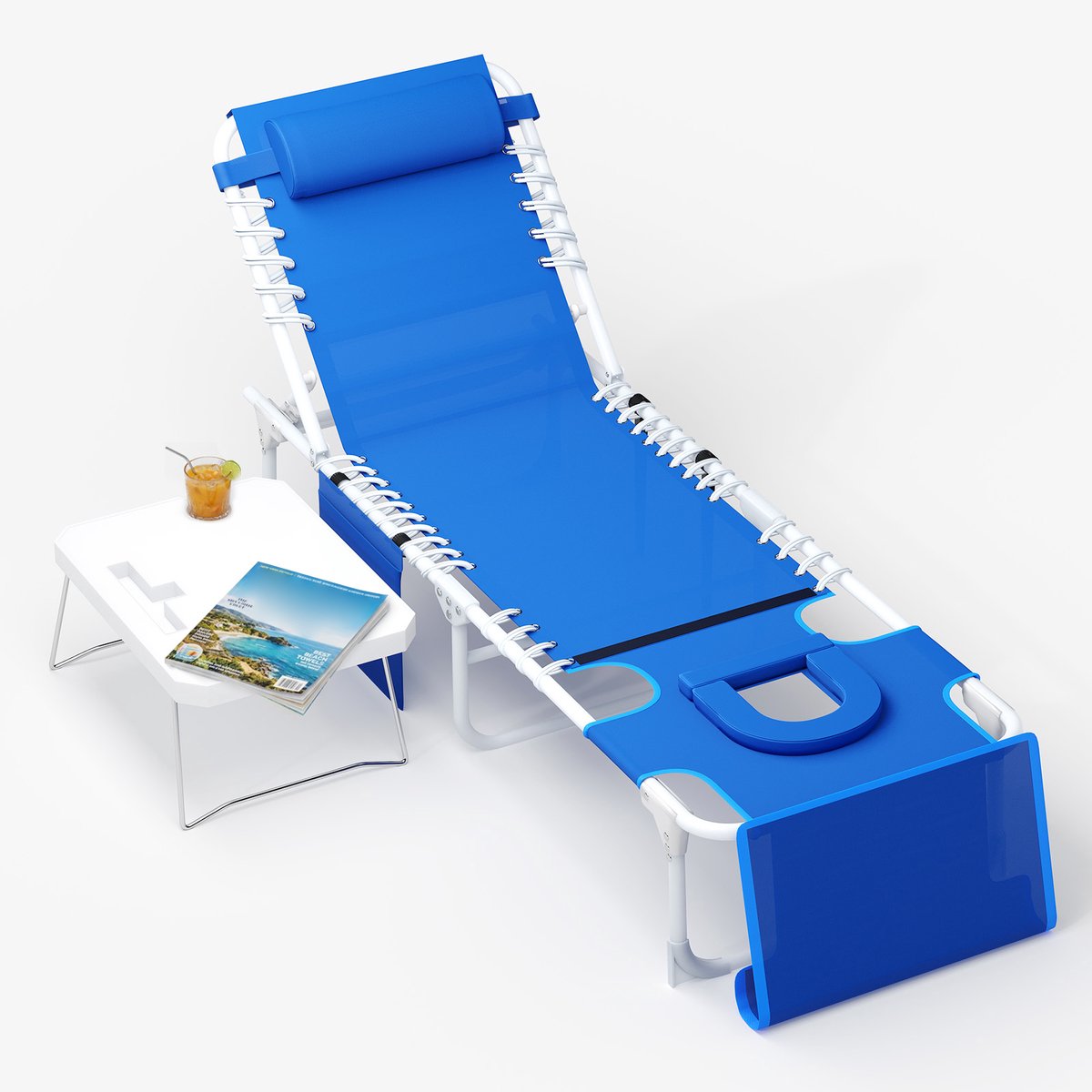 Ligstoel met Gezichtopening en Kussen - 56x190x34cm - Strandstoel met Bijzettafeltje - Zonneligbed Textileen - 5 Standen - Opklapbaar - Voor Strand Terras Tuin - Blauw