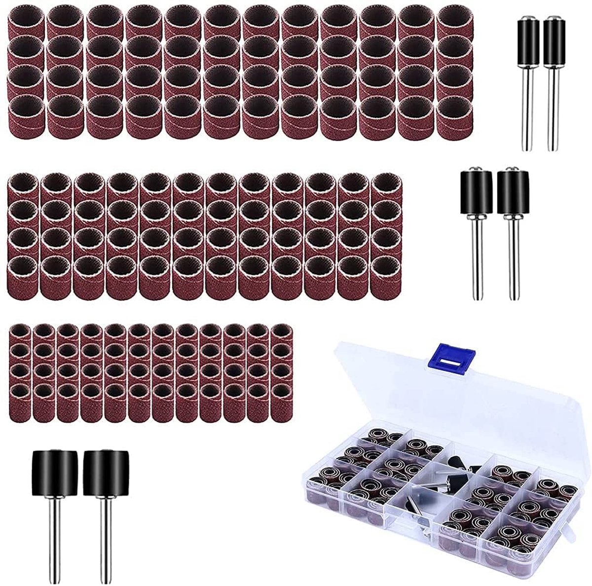 Schuurhulzen Set 150 Stuks Drum Sander Set met Vrije Doos, met 144 Stuks Schuurband Sleeves en 6 Stuks Schuurrollen voor Dremel Draaigereedschap