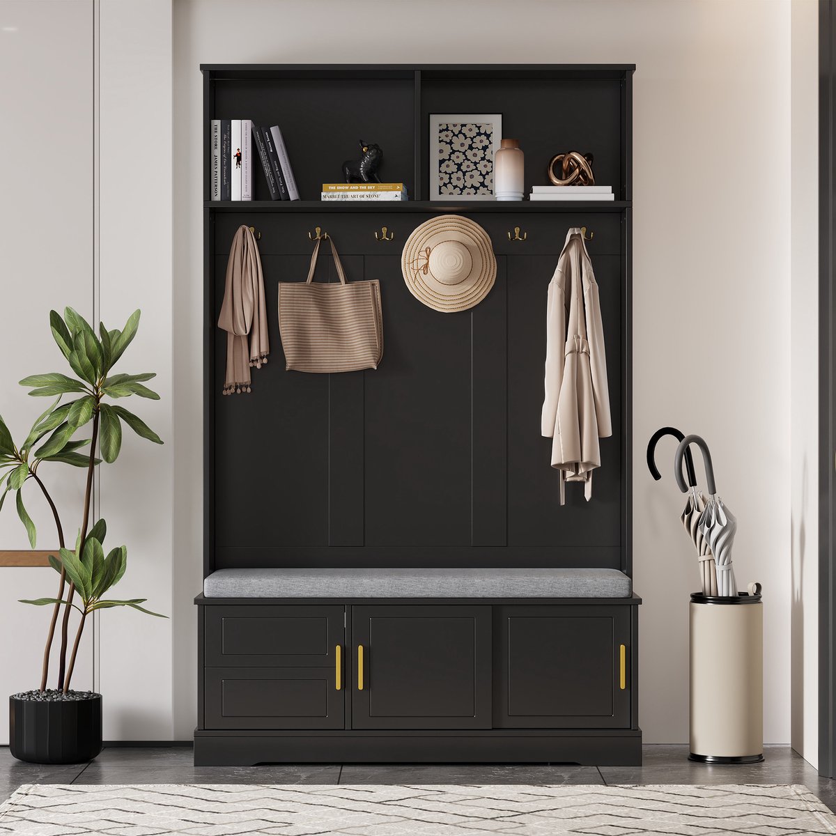COVREO Kledingrek 120x40x191 cm - zwart, met schoenenbank en 6 drievoudige haken