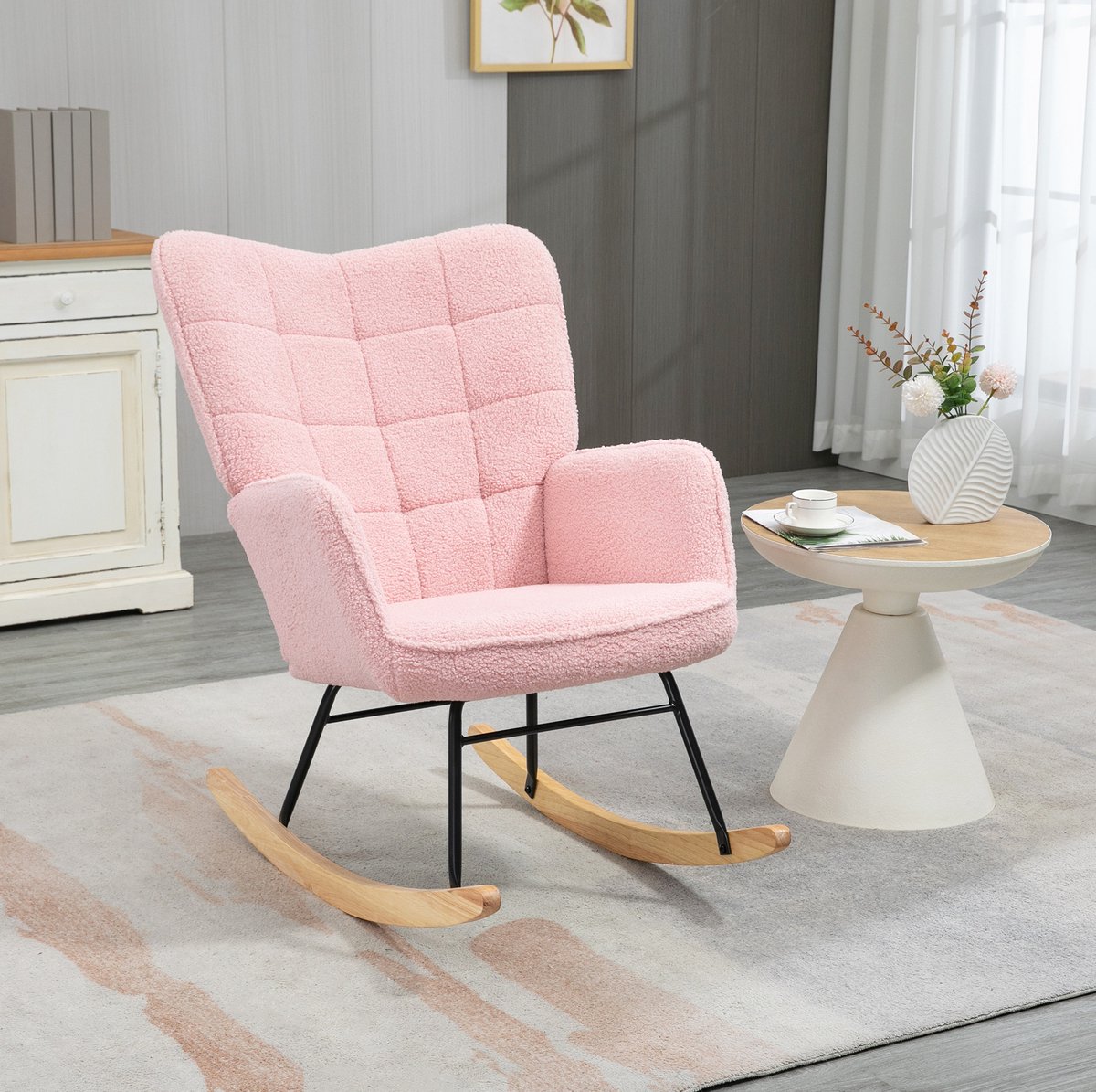 COVREO Schommelstoel 98x71x101 cm - roze stof, houten basis, armleuningen, tot 120 kg