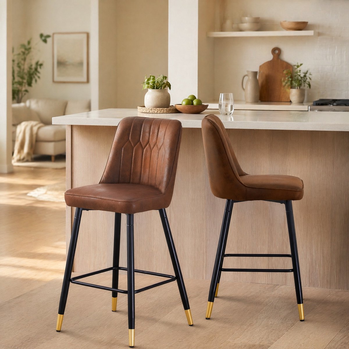 COVREO Barstoelen set van 2 100 cm bruin tech-stof met zwarte metalen poten en voetsteun