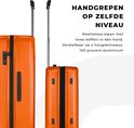 Twee oranje koffers naast elkaar met de handgrepen op hetzelfde niveau. Gemaakt van 100% aluminium.