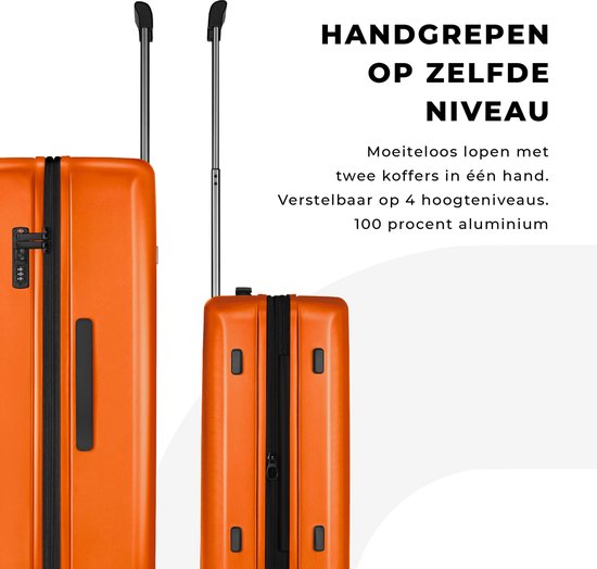 Twee oranje koffers naast elkaar met de handgrepen op hetzelfde niveau. Gemaakt van 100% aluminium.