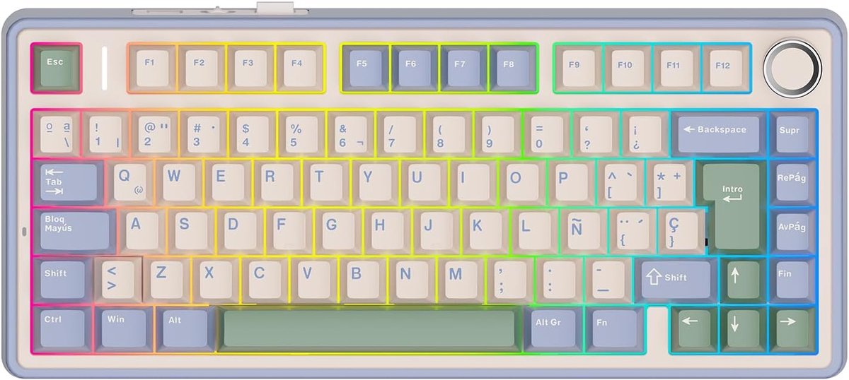 SnelShoppen - MechLands Aula F75 75% Gaming Toetsenbord, QWERTY Spaans, RGB Retroverlichting, Draadloos BT5.0/USB-C/2.4GHz, Mando Giratorio, Reaper Sw