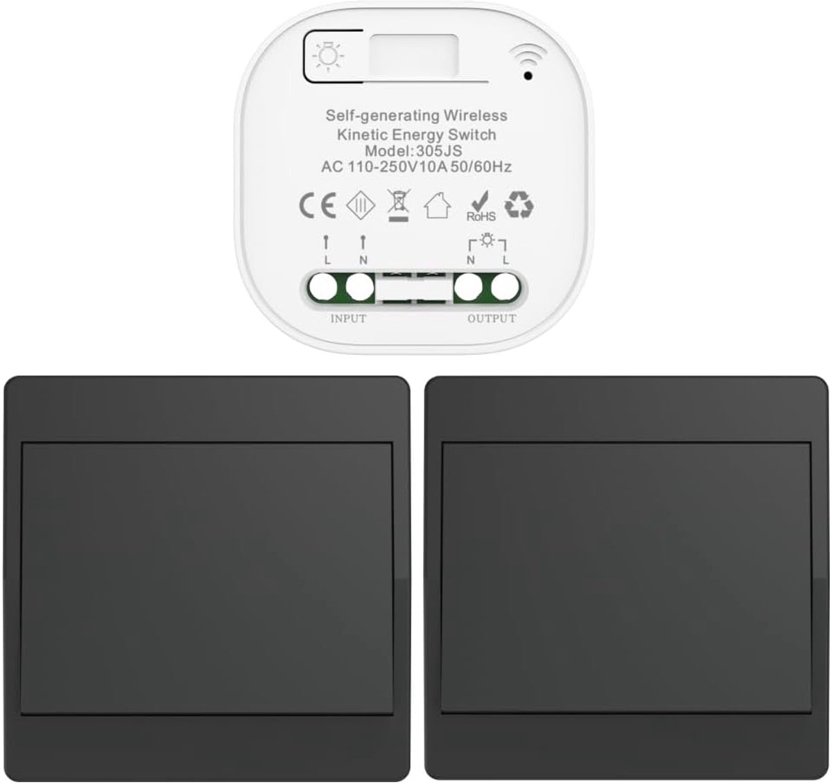 SnelShoppen - Draadloze Schakelaar Kinetic Zwart RF - Batterijvrije Afstandsbediening - Enkel en Dubbel Bediening - 1Gang 2V1 EU