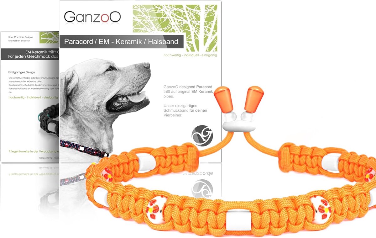 SnelShoppen - Hondenhalsband Paracord 550 met EM Keramische Tubes en Decoratieve Parels, Mango, Maat L 52-64 cm, Handgemaakt, Verstelbaar, Ademend, Vo