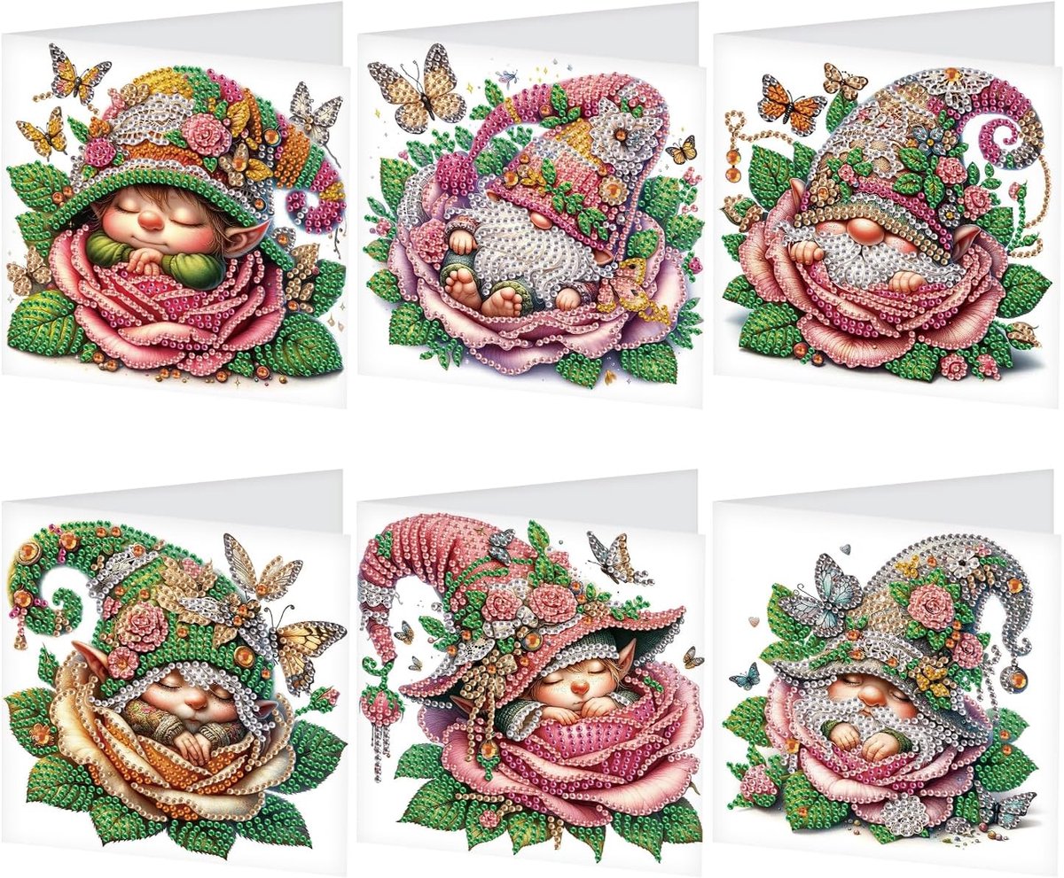 SnelShoppen - 6 Stuks Diamant Schilderen Kaarten voor Verjaardag - Dwarfs Gnome Embroidery Kaarten - DIY Bloem Schilderen voor Volwassenen - Creatieve