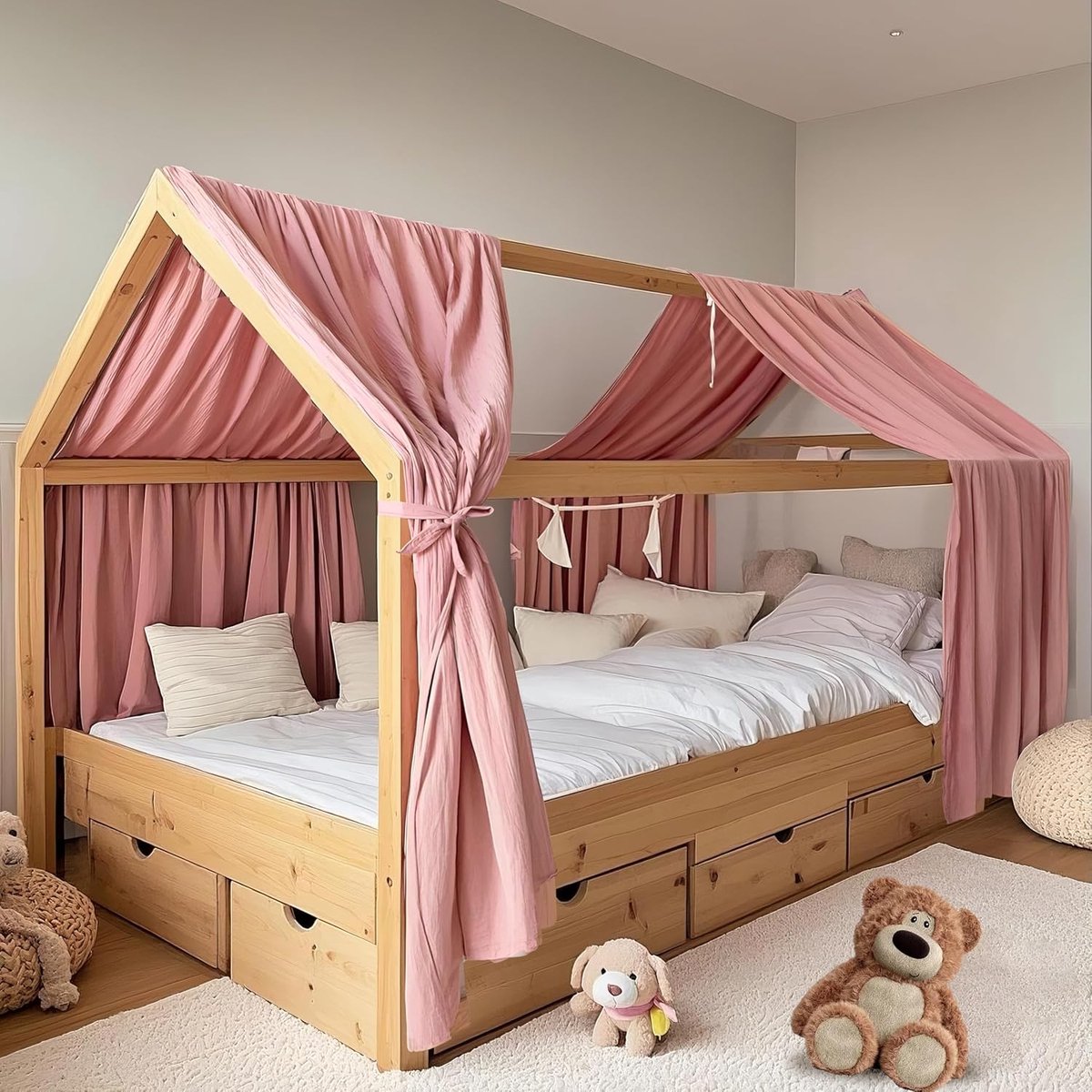 SnelShoppen - Bed Canopy voor Huisbed, 2 Stuks van 100% Katoen Muslin, Decoratieve Bedgordijn Set voor Kinderen, 132 x 320 cm, Perfect voor Meisjes en