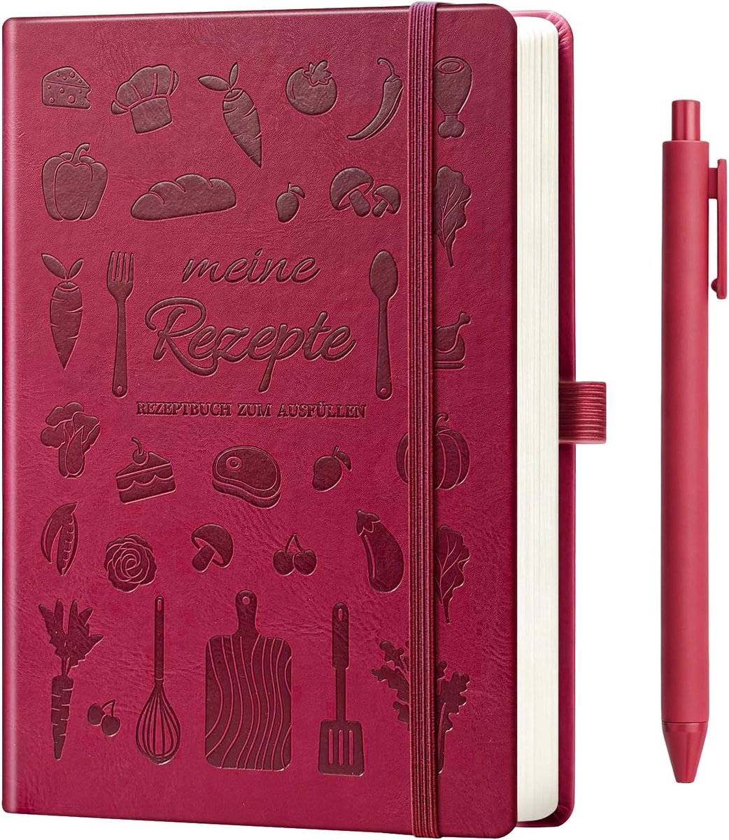 SnelShoppen - Receptenboek A5 voor Eigen Recepten, Blanco Kookboek met Index en Inhoudsopgave, 123 Recepten, Donkerrood Kooknotitieboek met Pen