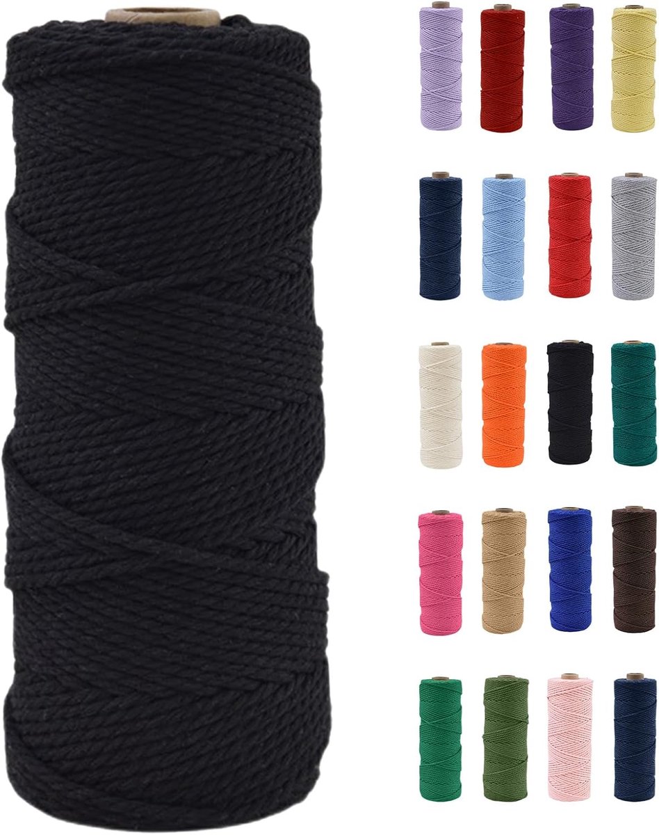 SnelShoppen - Macrame Touw 100m Zwart Katoen, Natuurlijk Biologisch, DIY Knutselen, Macrame Kunst, Cadeau Inpakken, Kerst Decoratie