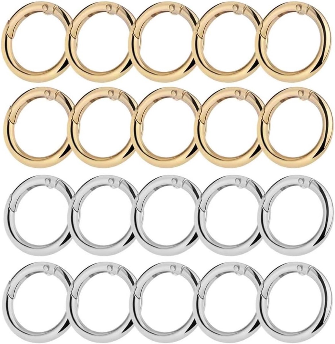 SnelShoppen - Pack van 20 ronde carabiners 25 mm, spring clips, zilver en goud, voor knutselen, sleutelhangers, tassen, handtassen