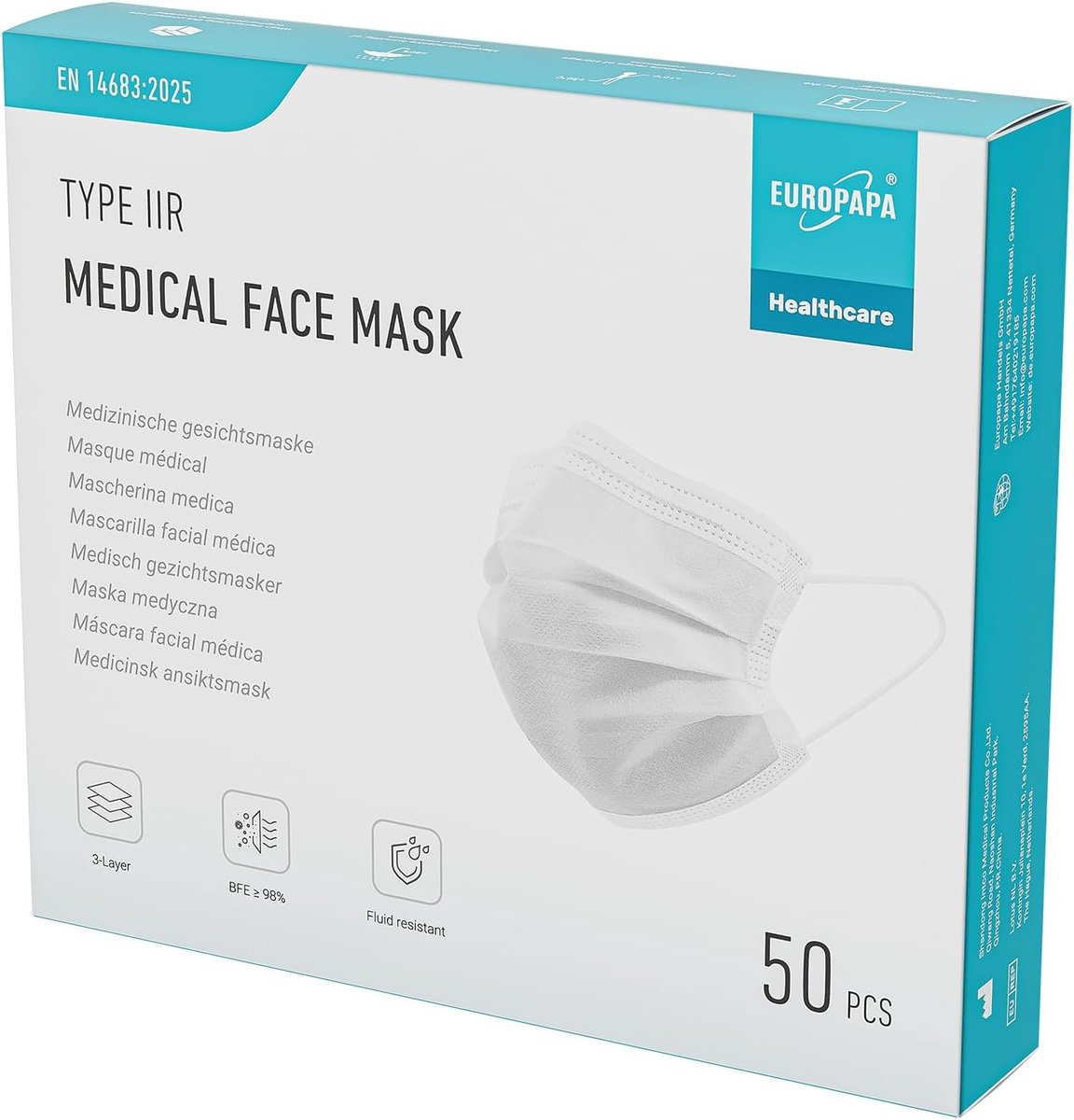 SnelShoppen - Disposable gezichtsmaskers type IIR, medische mondmaskers, BFE ≥ 98%, 50 stuks, comfortabel met elastische bandjes, geschikt voor dageli