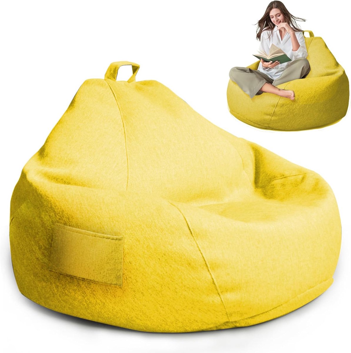SnelShoppen - XL Bean Bag Zitzak Volwassenen Gevuld of Ongegevuld, 100 x 120 cm, Buiten en Binnen, Geel, Katoen en Linnen, Comfortabele Zitzak voor Tu