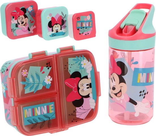 Minnie Mouse lunchset met drinkfles, lunchbox en twee snackboxjes in roze en mintgroen.