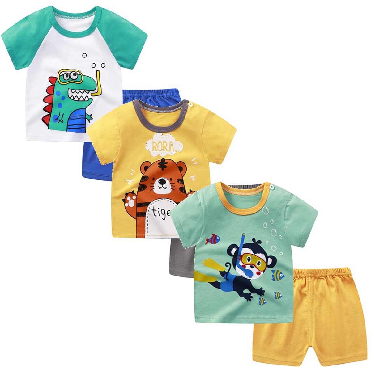 SnelShoppen - Baby Jongens 3-Set Korte Mouw T-Shirts en Shorts, Verpakking van 6, 3-9 maanden, Comfortabele Kleding voor Feestjes en Spelen, Kleurvari