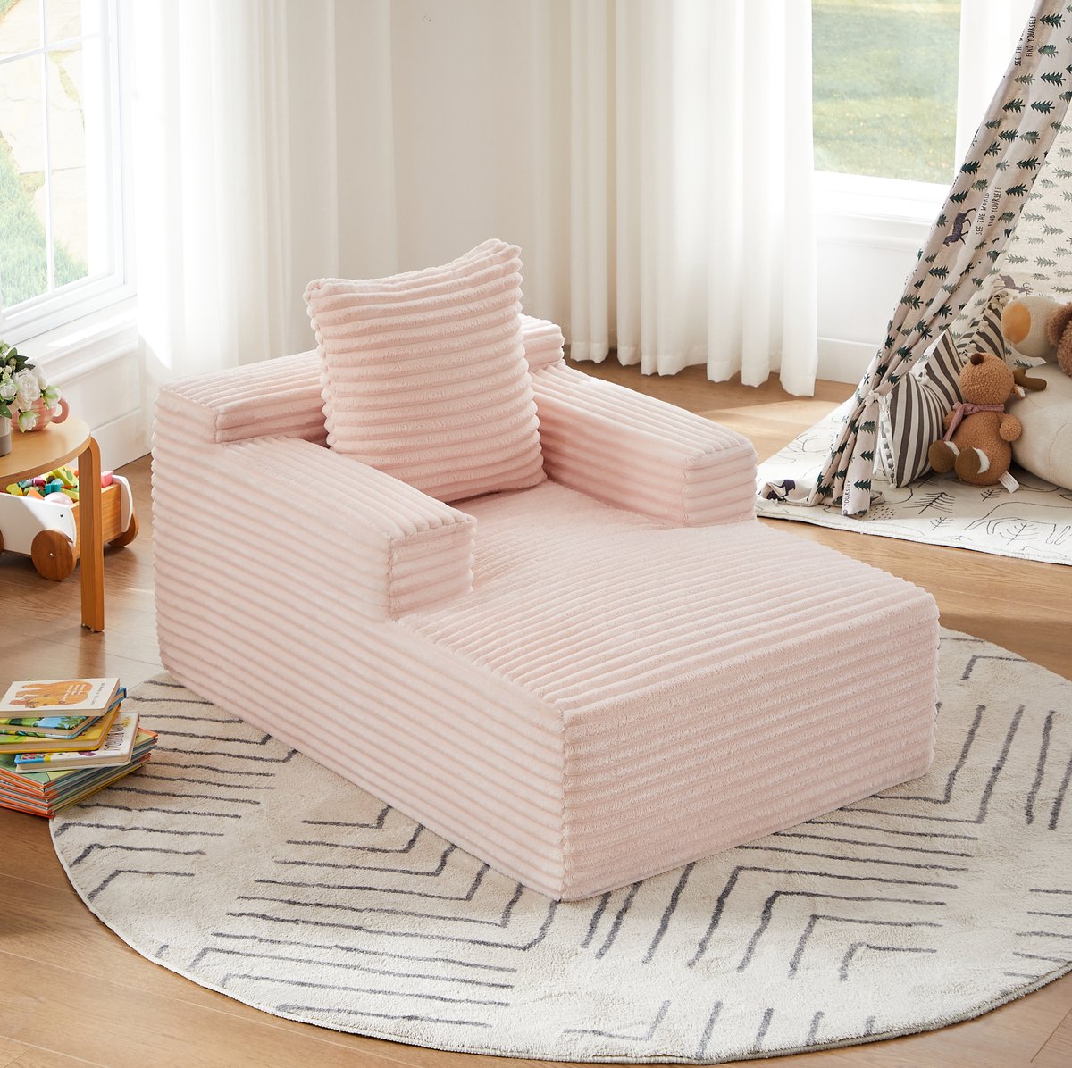COVREO Chaise longue 117x81x50 cm – ribstof roze, 1-zits, zonder montage