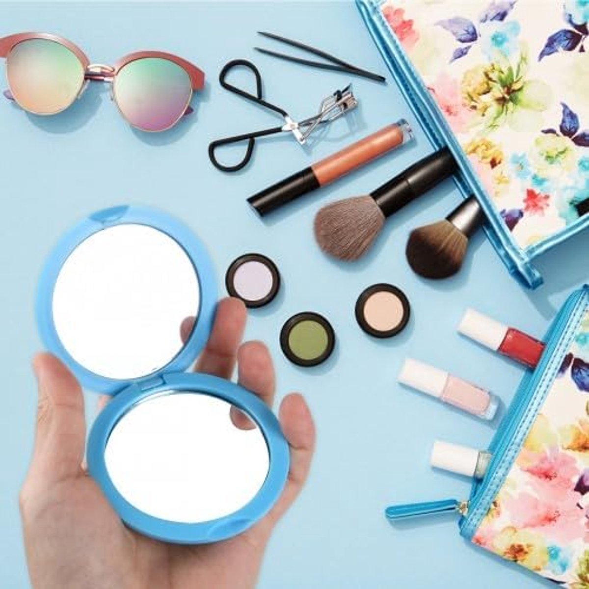 SnelShoppen - Set van 4 Pocket Mirrors in Pastel Kleuren - Lichtblauw, Lichtpaars, Wit, Roze - Dubbeldzijdige Make-up Spiegeltjes - Compacte Mini Reis