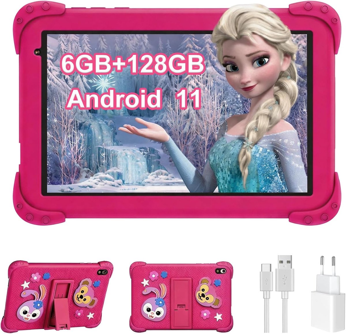 SnelShoppen - 8 Inch Kids Tablet 128GB Android 11.0 met 6GB RAM, Parental Control, 4000mAh, Bluetooth, WiFi, Onderwijs Tablet in Roze, Perfect voor Ki