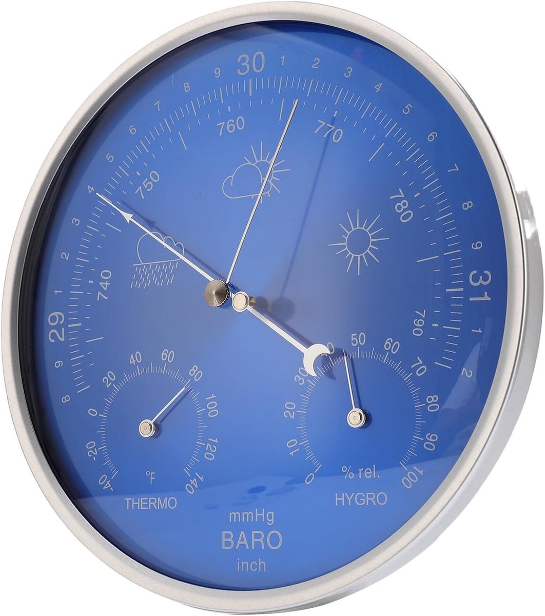 SnelShoppen - 3-in-1 Weerstation Thermometer Barometer Hygrometer Aluminium Indoor Outdoor Muur Opknoping 180mm Blauwe Wijzerplaat voor Huis Tuin Gara