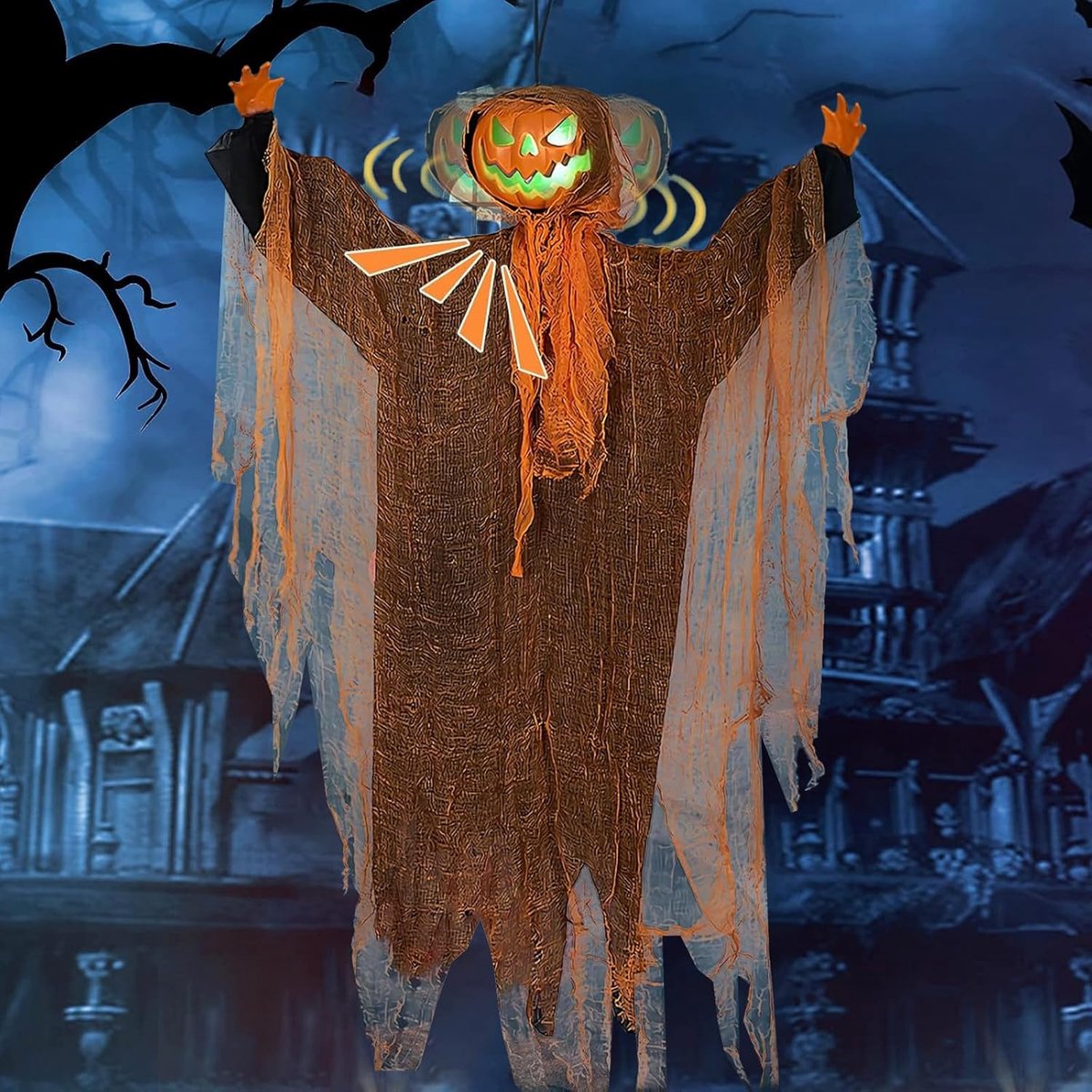 SnelShoppen - LED Licht Hangende Lantaarn Halloween Pompoen Hoofd Decoratie voor Buiten, Rotatie, Geluid, Groene Verlichting, Tuin, Patio, Feest, Buit