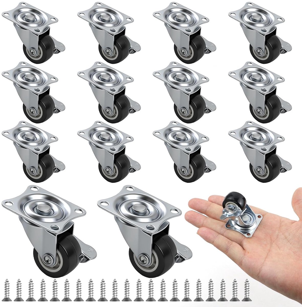 SnelShoppen - 14 stuks 23 mm kleine meubelwieltjes, 360° draaibare geruisloze wieltjes met rem voor meubels, kisten en transportwagens