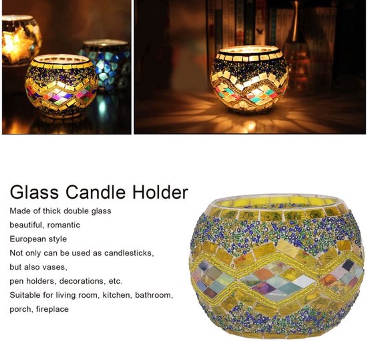 Theelichtkaarsenhouder Mozaïekglas - Decoratieve Kandelaar - Vaas/Pennenhouder - Europese Stijl - Duurzaam - Perfect voor Feestdagen