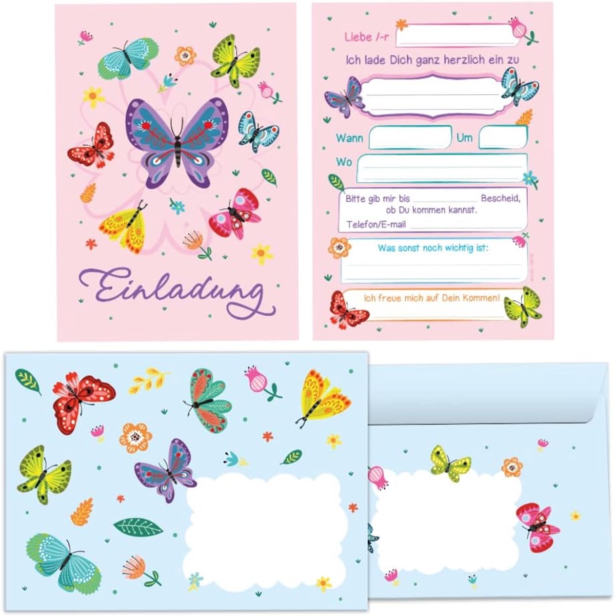 SnelShoppen - 12 Uitnodigingskaarten inclusief 12 Enveloppen voor Kinderverjaardag Meisje Vlinders - 300 g/m² Fotoprint - Zelfklevend - 10,5 x 14,8 cm