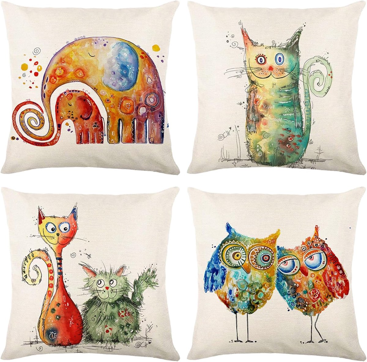 SnelShoppen - Set van 4 Decoratieve Kussenhoezen 45x45 cm Cartoon Dieren Voor Banken, Stoelen, Bedden en Tuin - Elegant Linnen Kussens