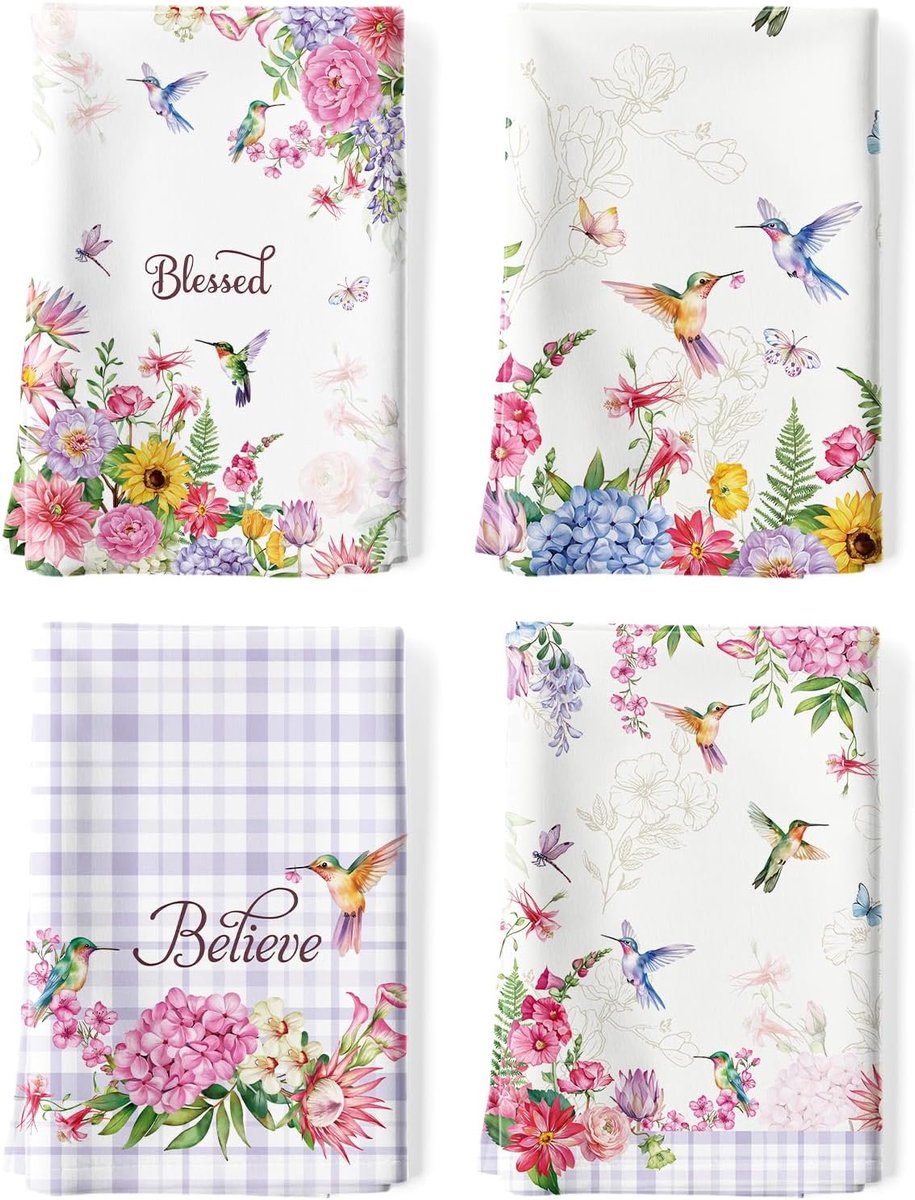 SnelShoppen - 4 Stuks Keuken Theedoeken 48x70cm - 100% Katoen - Sneldrogend en Duurzaam - Moderne Design met Bloemen en Vogels - Perfect voor Keuken,