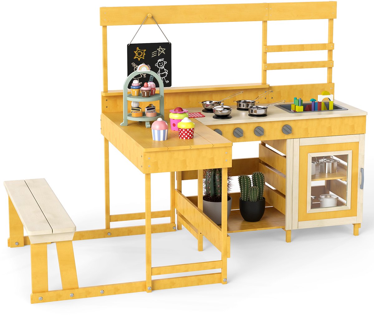 COSTWAY Modderkeuken met picknicktafel en bank, Kinderkeuken van vurenhout met dessertaccessoires, keukengerei en bord, Speelkeuken buiten voor kinderen vanaf 3 jaar, Geel