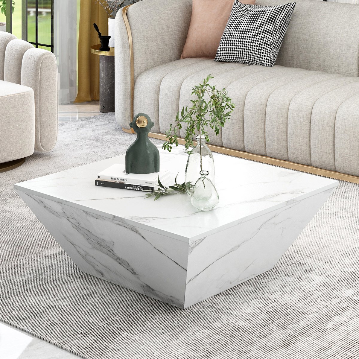 COVREO Salontafel 70x70x37 cm wit MDF met marmerlook fineer en 2 lades
