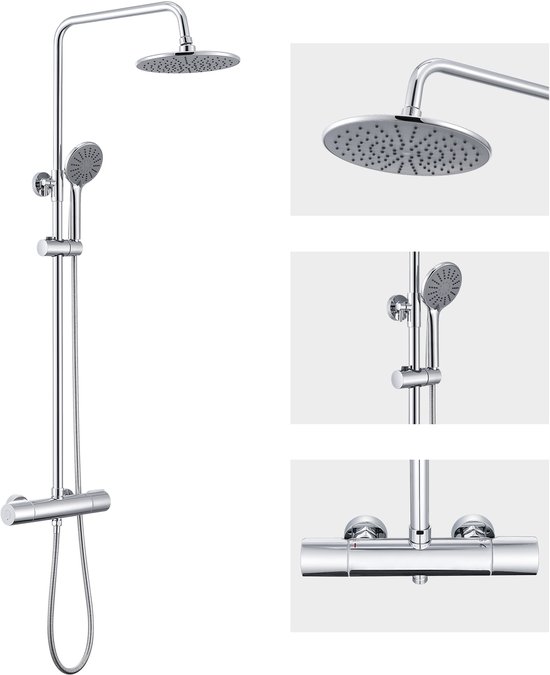 Auralum max Regendouche met Thermostaatkraan - Doucheset Chroom - Regendoucheset - Chroom Douchekolom met Thermostatische Mengkraan - 9 inch Douchekop