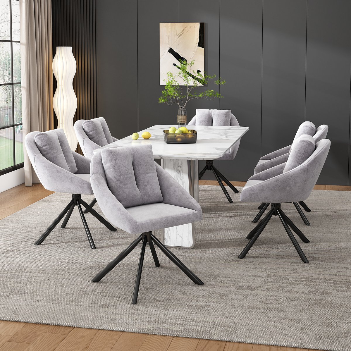 Intebiki 360° draaibare eetkamerstoelen - set van 6 - fauteuil voor de woonkamer - holle rugleuning en dik zitkussen - keukenstoelen - Fluwelen - ergonomische stoel - geschikt voor slaapkamers en woonkamers - Grijs