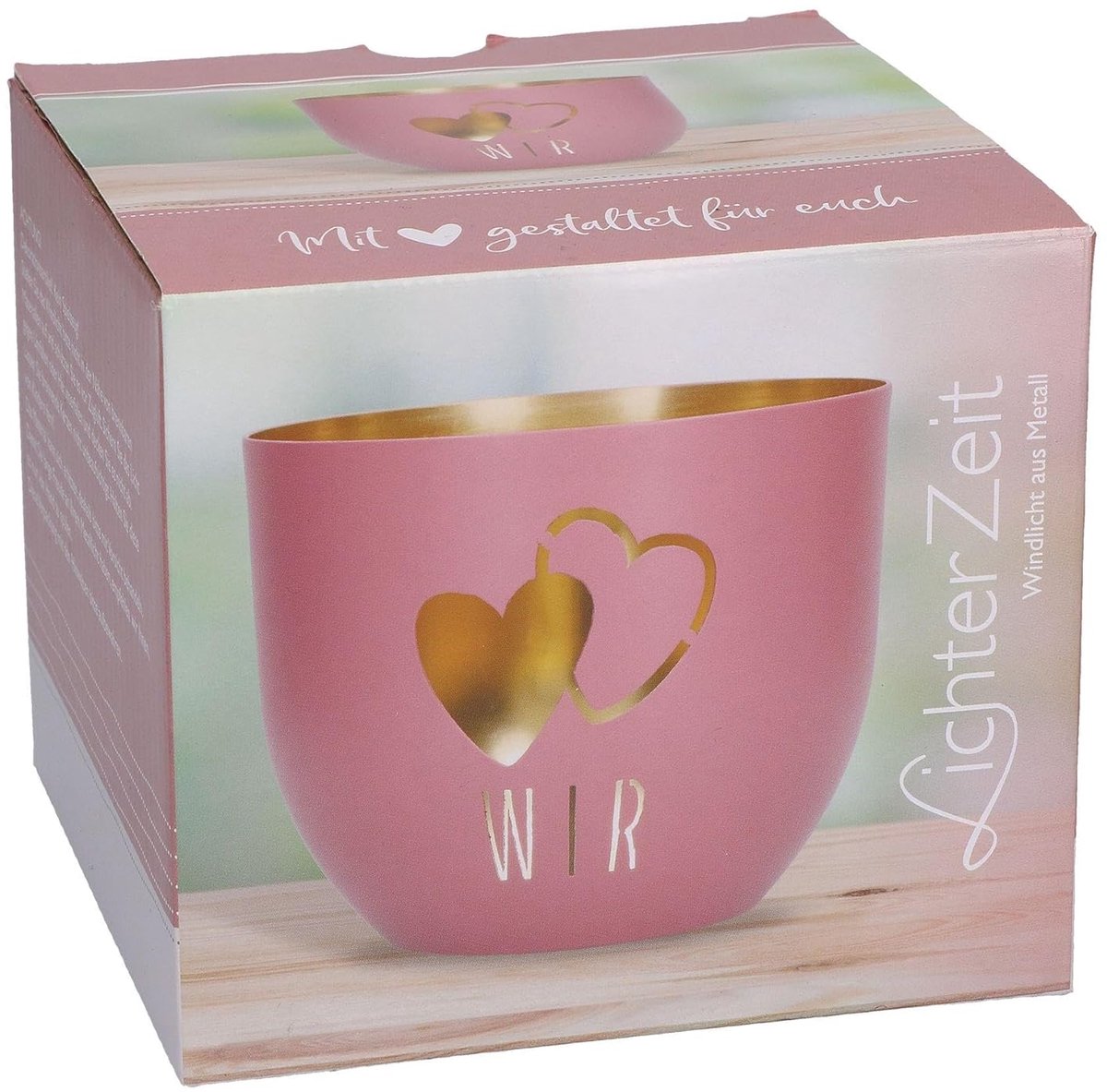 SnelShoppen - Rosa Metall-Windlicht met Gouden Hartmotief - Teelichthouder 11x9,2 cm - Perfect voor Feestjes, Tuin, Keuken en als Cadeau