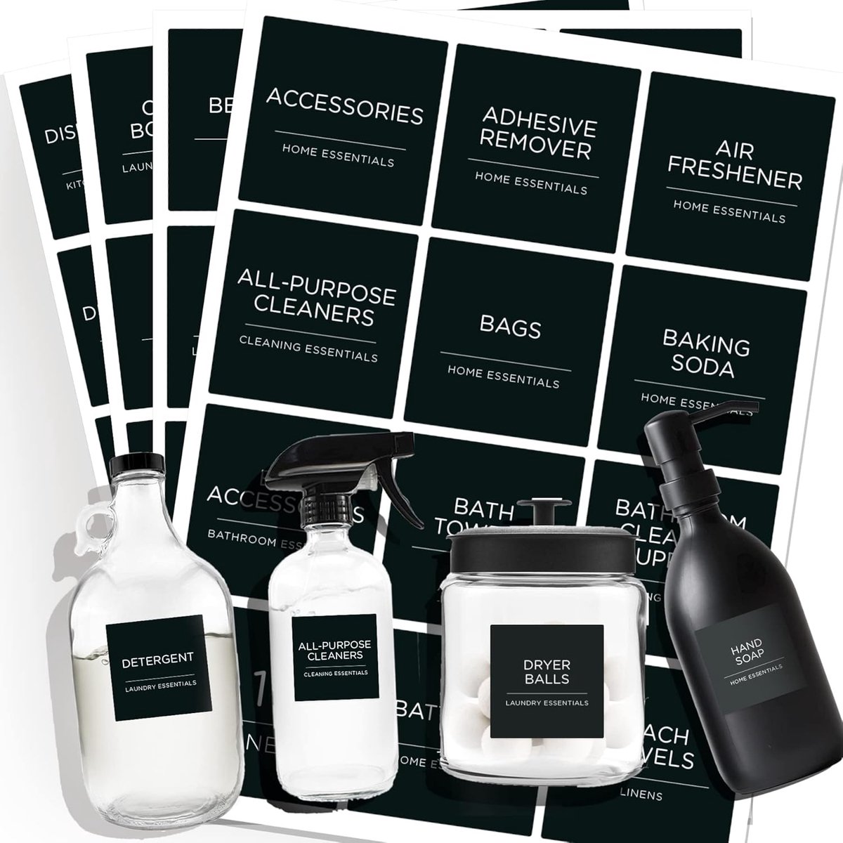 SnelShoppen - Minimalistische Zwarte Wasruimte Labels Set - 144 Stuks Water & Oliebestendige Voorafgedrukte Matte Stickers voor Organisatie in Huis, B
