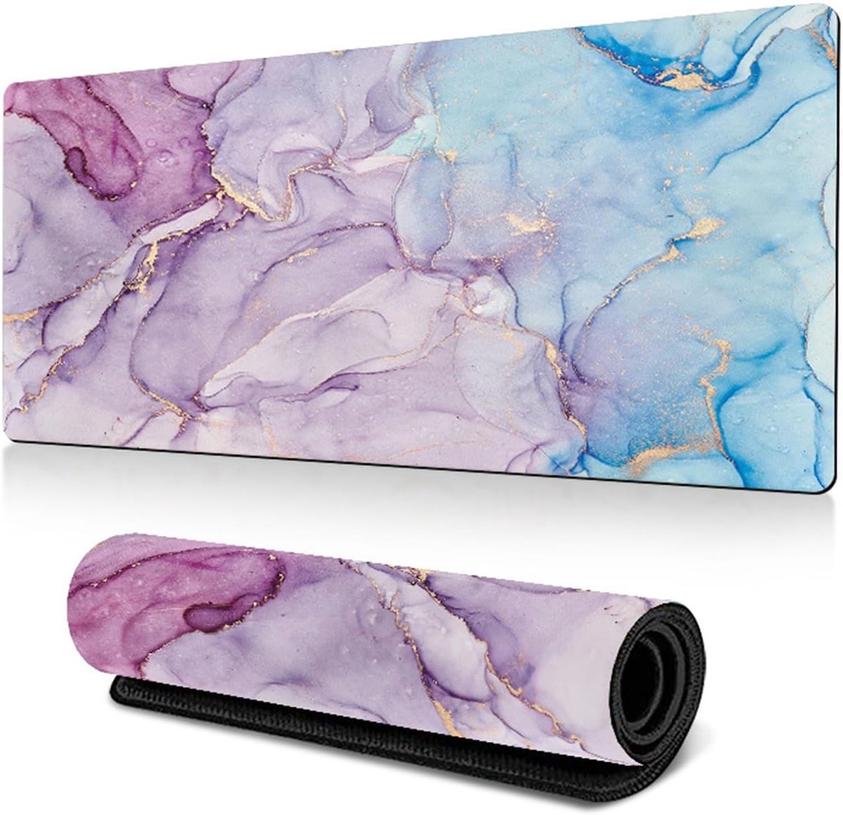 SnelShoppen - XXL Gaming Mouse Pad 90x40cm - Marmer Design - Antislip Bureau Mat - Stikt Randen - Perfect voor Thuis en Kantoor - Paars-Blauw