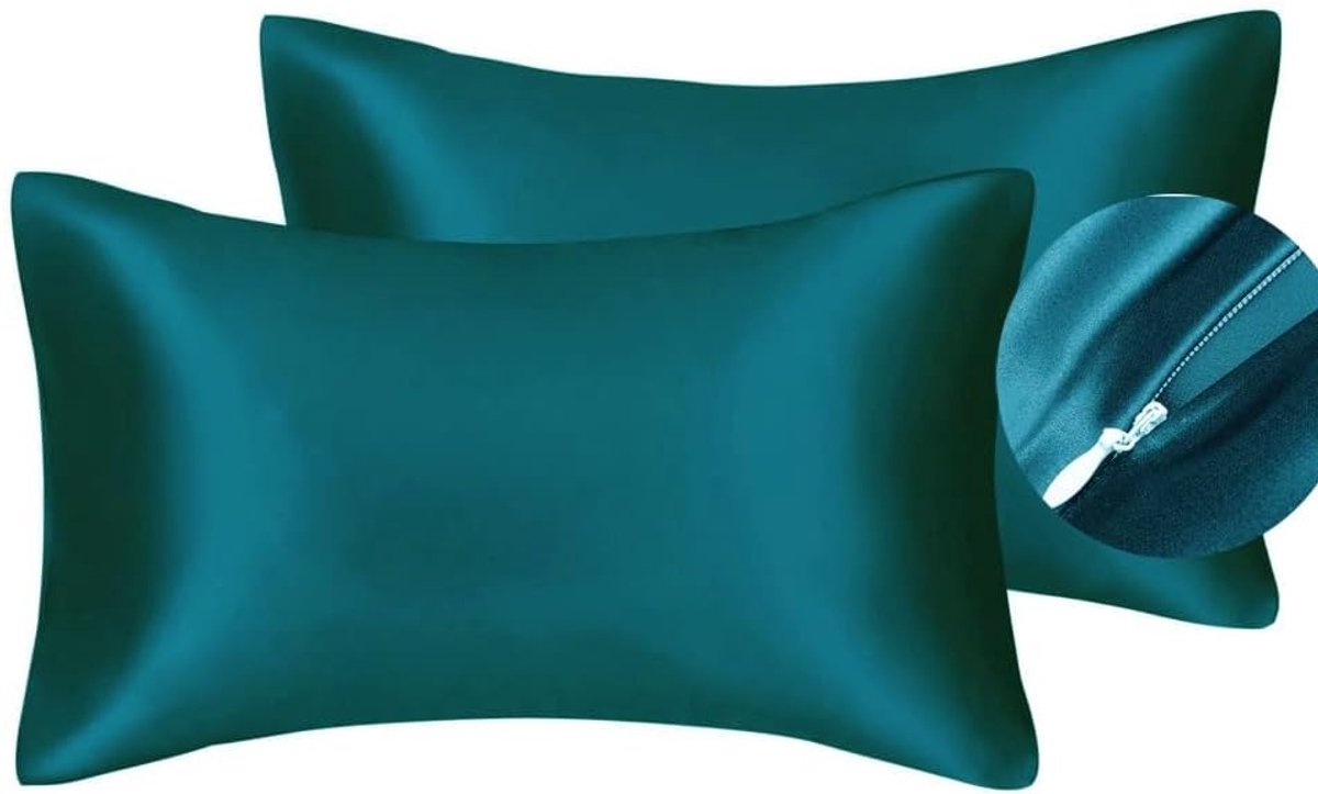SnelShoppen - Luxe Satijnen Kussensloop voor Haar en Gezichtshuid, Voorkomt Rimpels, Verborgen Rits, Teal, Standaard 50x75cm, Set van 2