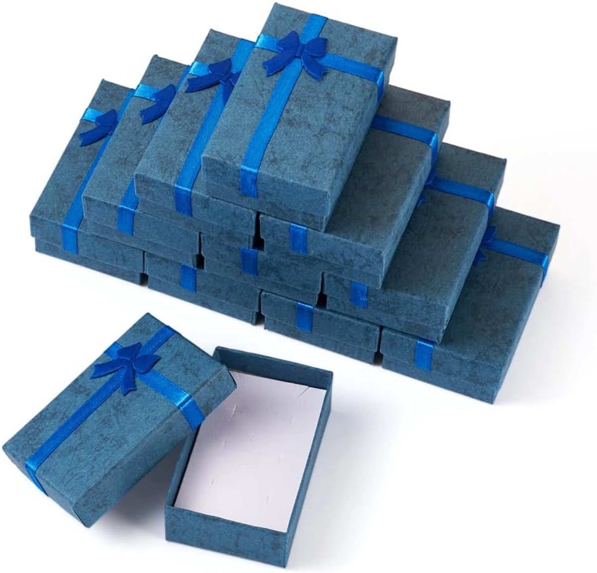 SnelShoppen - 12 Stuks Rechthoekige Sieraden Cadeauboxen met Strik - Blauwe Kettingen - Earring Ring Verpakking - Duurzaam Karton - 5x8.2x2.8cm - Perf