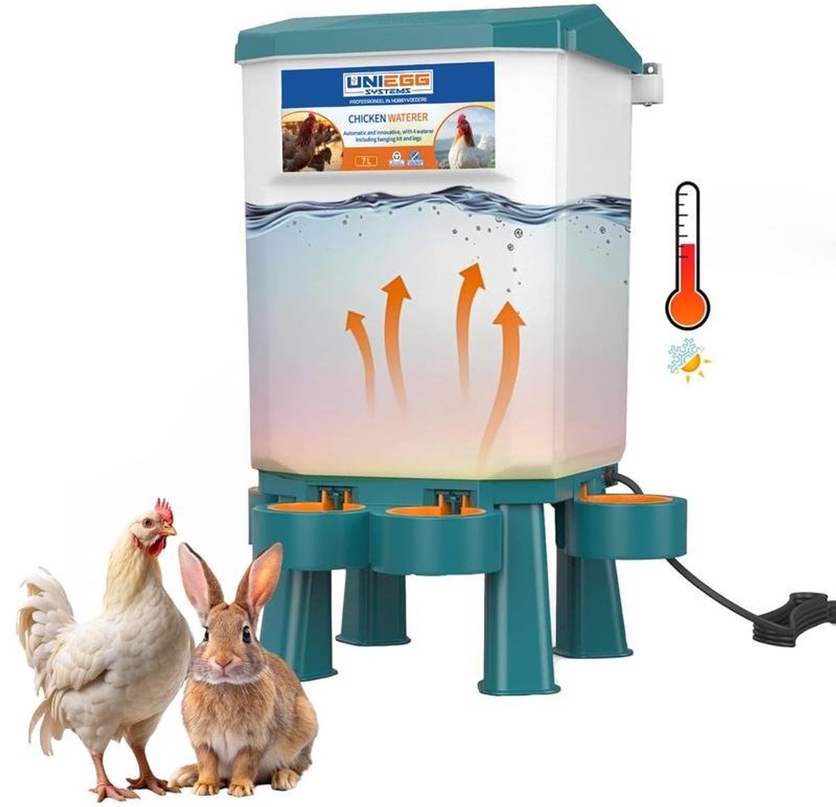 UniEgg® Premium Verwarmde/Anti-vorst Drinker 7 Liter (Groen) - automatisch en innovatief, inclusief ophangset en poten - drinkbak kip en ander pluimvee of gevogelte - verwarmd - anti-vorst