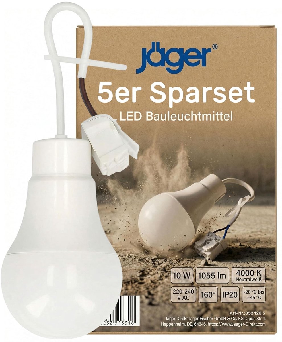 SnelShoppen - 5x LED Bouwlamp met Kabel, Schokbestendige Renovatie Lamp, Vervangt E27 Fitting, 10W, 4000K Koelwit, Ideaal voor Bouwplaats en Tijdelijk