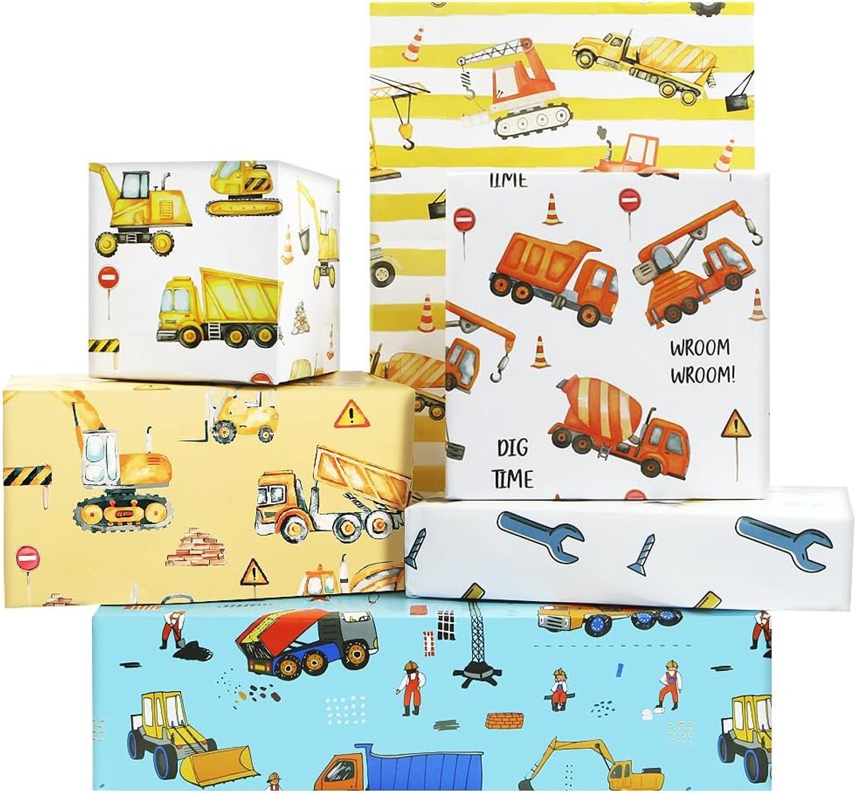 SnelShoppen - Constructie Inpakpapier - 6 Vellen Graafmachine, Tractor, Dumptruck, Bulldozer & Mixer - 50x70cm - Verjaardagscadeau Voor Kinderen & Man
