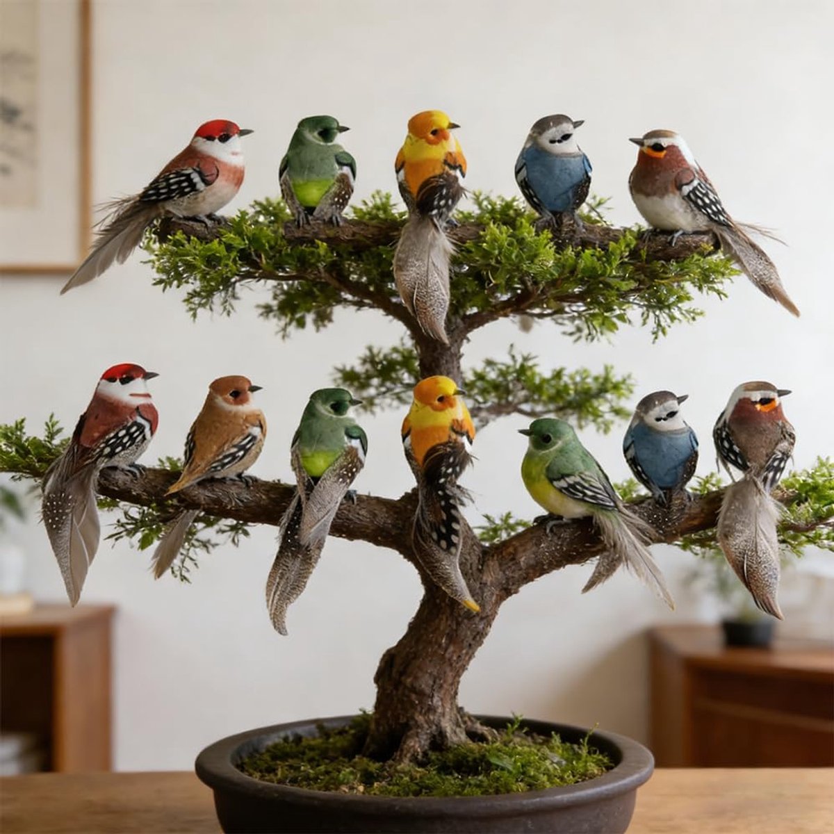 SnelShoppen - 10 Stuks Decoratieve Vogels Simulatie Vogels met Veertjes en Clip Mini Vogel Decoratie voor Tuin, Feest, Lente Decoratie, Herfst, Interi