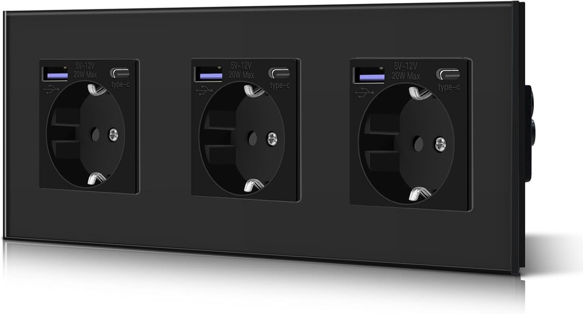 SnelShoppen - Schuko Wandcontactdoos Triple Socket met 20W USB & Type C Snellader - 3-in-1 Flush Socket - Glas, Zwart - Ideaal voor Thuis, Keuken, Kan