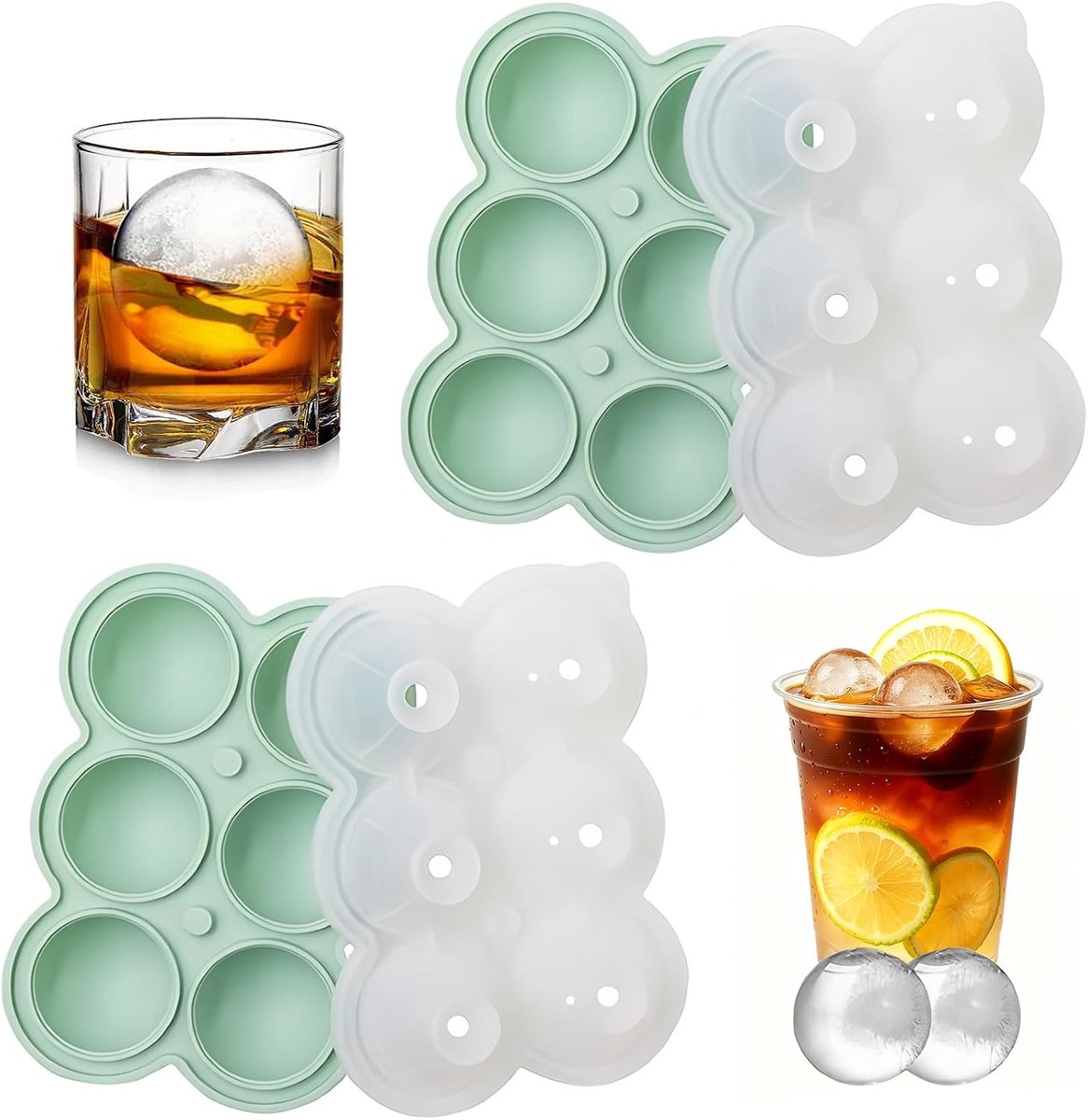 SnelShoppen - Set van 2 siliconen ijsblokjesvormen met deksel, grote ronde ijsblokjes 4,5 cm, BPA-vrij, vaatwasmachinebestendig voor whisky, cocktails