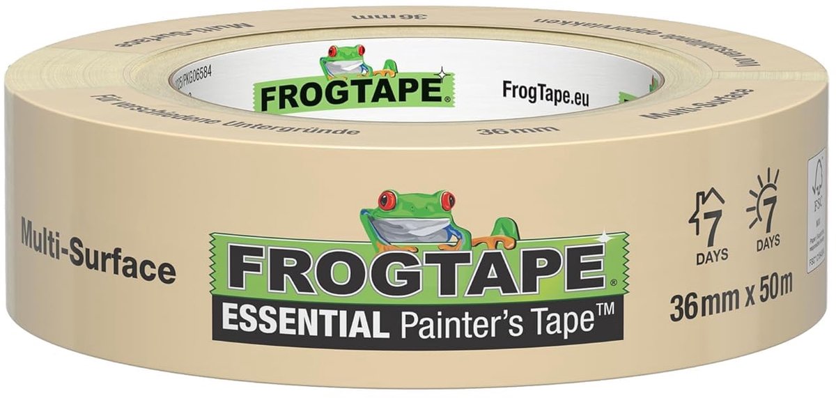 SnelShoppen - FrogTape Essentiële Maskingtape 36mm x 50m - Verf Tape voor Binnen en Buiten - Afplaktape voor Strakke Lijnen - Verwijderbaar zonder Res