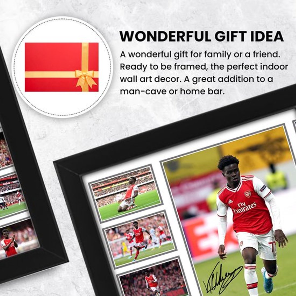 Poster Gesigneerd Bukayo Saka - Gesigneerde Memorabilia - Verzamelaarsobject - A4 Ingelijst (30 x 21 cm) - Voetbalsensatie - Exclusief Collectie - Verzamelobject